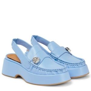 Ganni Retro Slingback Leather Loafers Mules Blue Placid